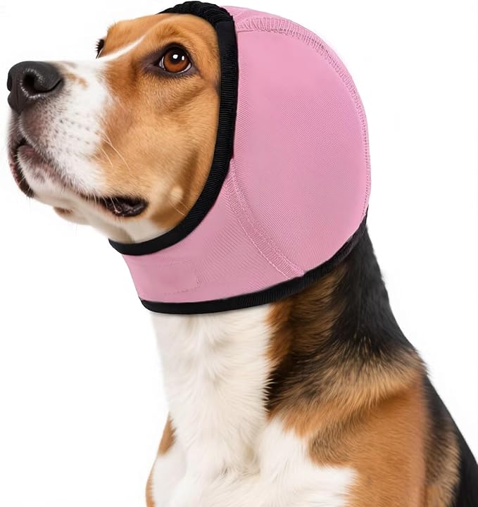 Dog Calming Hoodie Water Resistant,Adjustable No Shake Ear Wraps for Dogs,Anxiety Relief & Noise Protection,Pet Ear Cover Muffs for Swimming,Firework,Grooming,Thunderstorms,Bathing,Pink,S