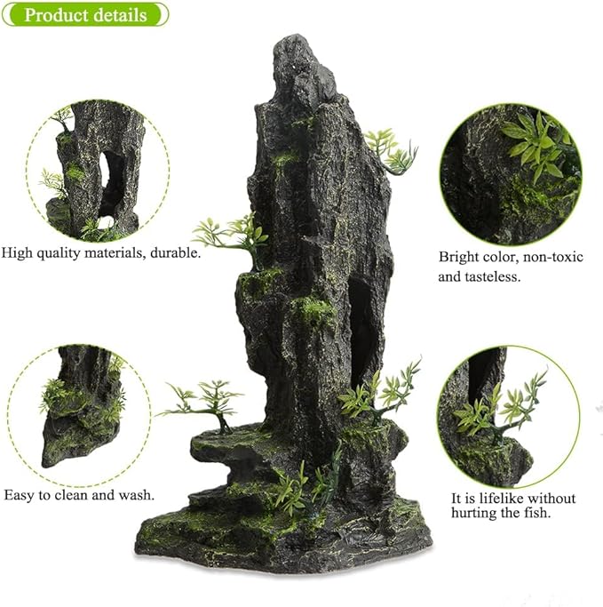 Tall Aquarium Decor 14.4inch, Cool Large Fish Tank Decorations Accessories, Resin Mountain View Aquarium Ornament with Tree Hideout Cave, for Betta Goldfish Shrimp Guppy Cichlid Play Rest