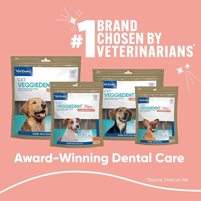 Virbac C.E.T.® VEGGIEDENT® Flex Tartar Control Chews for Dogs - Multifunctional to Support Joint Health, VOHC Approved - Medium 22-66lbs
