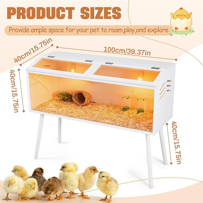 CroBlissful 40 x 16 x 16 in Brooder Box for Chicken Quails Stand Sliding Door, Bulb Set and Feeder, Indoor Chicks Coop Brooder Box Kit, for Ducks, Hamsters, Lizards, Mice, Rat (Table Legs, White)