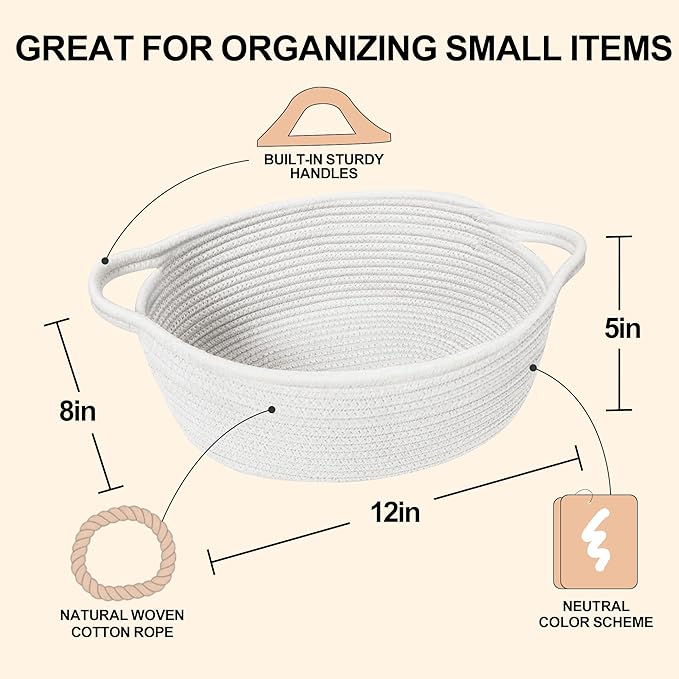 Small Woven Gift Basket, Baskets for Gifts Empty, Cotton Rope Cat Dog Toy Bin Box, Nursery Baby Basket, Wicker Basket with Handles, Cute Storage Basket for Home Decor, White, 12"x 8"x 5"