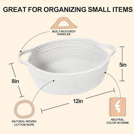 Small Woven Gift Basket, Baskets for Gifts Empty, Cotton Rope Cat Dog Toy Bin Box, Nursery Baby Basket, Wicker Basket with Handles, Cute Storage Basket for Home Decor, White, 12"x 8"x 5"