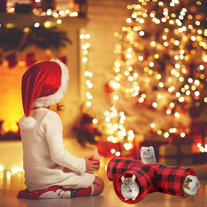 YUEPET Guinea Pig Tunnel and Tube Collapsible 3 Way Guinea Pig Hideout with Classic Christmas Style, Small Animal Tunnel for Guinea Pig Ferret Hamster Chinchilla
