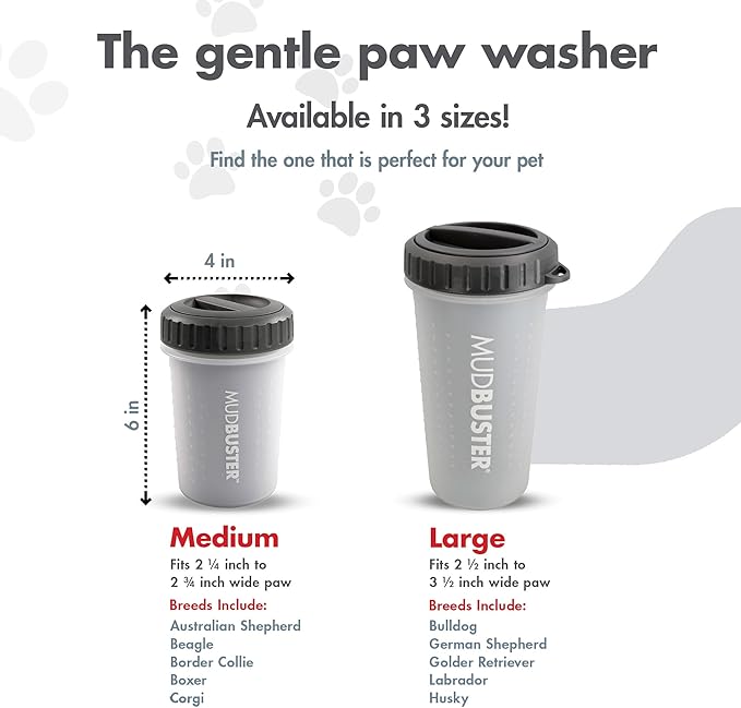 Dexas Lidded MudBuster Dog Paw Cleaner in Light Gray - Fits 1.5"-2.5" Wide Paws, Portable Paw Washer for Muddy Paws, Dog Paw Cleaning Cup with Gentle Silicone Bristles, Quick Clean Pet Paw Washer