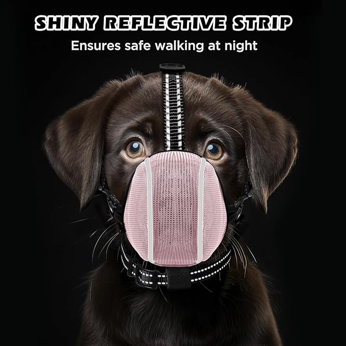 Dog Muzzle - Soft Breathable Mesh Nylon Adjustable Muzzle for Small Medium Large Dogs | Prevents Chewing,Biting & Scavenging | Allows Panting, Drinking & Grooming | Secure Collar Strap Design(Pink M)