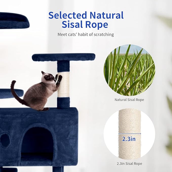 PayLessHere Cat Tree 54in Cat Tower with Cat Scratching Post, Multi-Level Cat Condo Stand House Furniture Kitty Activity Center with Furry Ball Toys for Indoor Cats (Navy Blue)