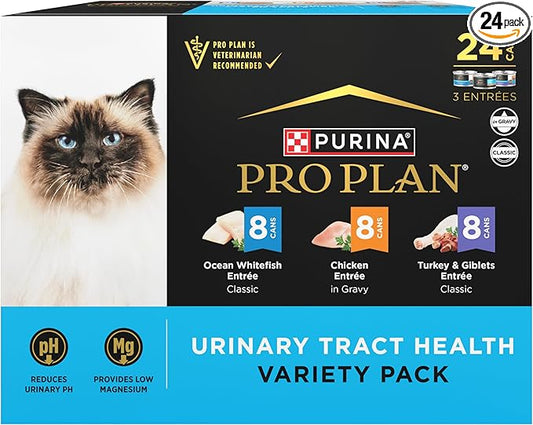 Purina Pro Plan Urinary Cat Food Wet Variety Pack Urinary Tract Health Ocean Whitefish, Chicken, Turkey and Giblets - (Pack of 24) 3 oz. Cans