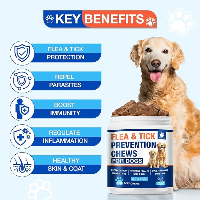 Natural Flea and Tick Prevention for Dogs Chewables, 180 Cts, Oral Flea Pills for Dogs, Dog Flea and Tick Treatment, Skin & Coat Support Supplement