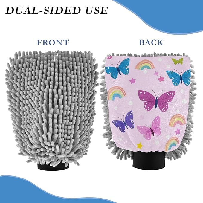 Car Wash Mitt Microfiber Wash Mitts for Car Washing Scratch-Free Cleaning Gloves Soft Non Absorbent Chenille Auto Hand Mitt Medium 2Pack Butterflies Rainbows Pink