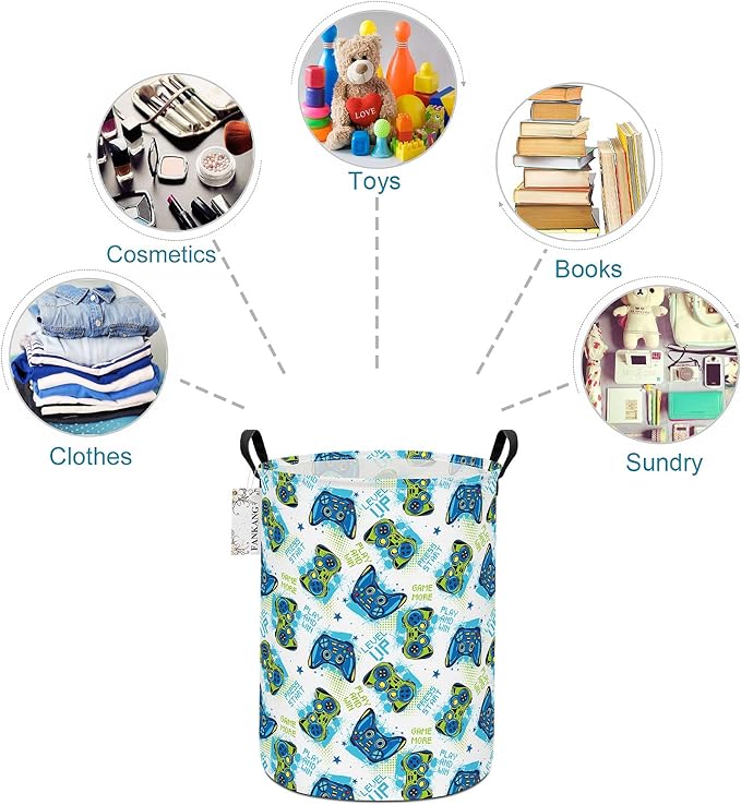 Storage Basket, Nursery Hamper Canvas Laundry Basket Foldable with Waterproof PE Coating Large Storage Baskets for Kids Boys and Girls, Office, Bedroom, Clothes,Toys(Game)