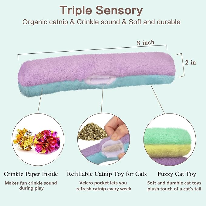 Retro Shaw Refillable Catnip Toys for Indoor Cats, 3 Pack, Cat Toys Pillows with Crinkle Sound, Interactive Kitten Kicker Cats Nip Chew Kitty Kick Stick Toy for Exercise (8 Inches)