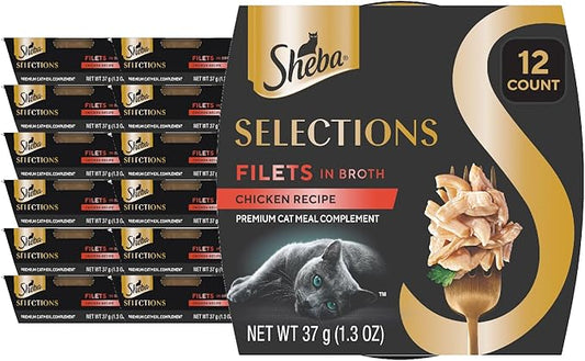 Sheba Selections Filets in Broth, Adult Cat Food Wet Recipe, Meal Complement, Chicken Recipe, 1.3 oz. Cups, 12 Count