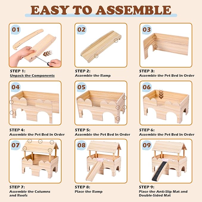Guinea Pig Castle, Wooden Multi-Functional Pet House for Guinea Pig Hideout & Guinea Pig House with Ladder, Small Animal House Bed for Guinea Pigs, Chinchillas, Hedgehogs. Ideal Hideaway