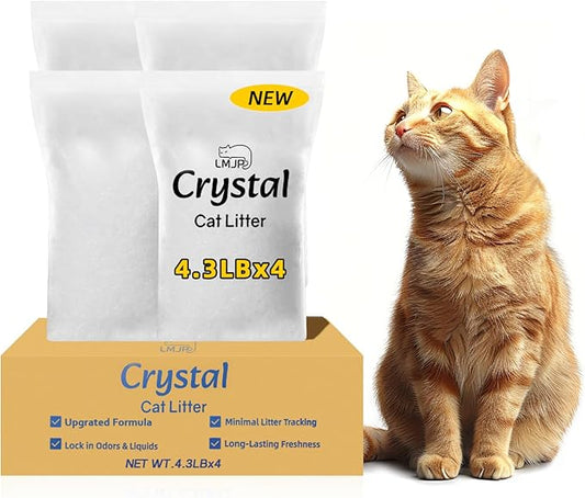 LMJP Crystal Cat Litter with Powerful Odor Control, Non-Clumping, Lasts Up to 4 Months, 17.2lb, Rapid Water Absorption, Unscented & Low Tracking Lightweight White Silica, 4 Pack of 4.3lb