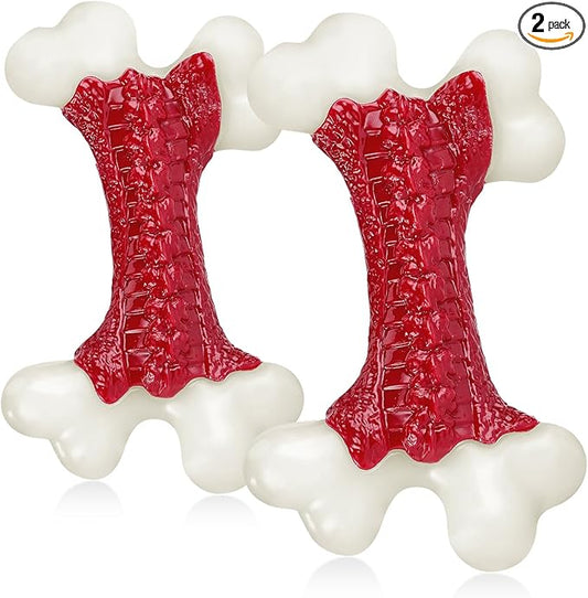 Kseroo 2-Pack Indestructible Dog Toys for Aggressive Chewers: Beef Flavored Hard Nylon Bone Chew Toys, Tough Dog Chew Toys for Large Dogs, Dog Toys to Keep Them Busy for Medium Large Breed, Red