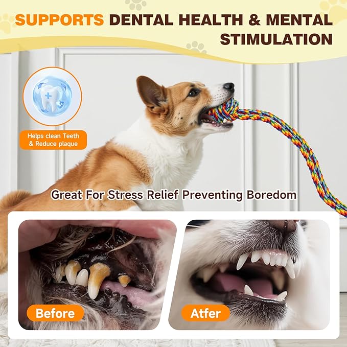 Interactive Dog Toys to Keep Them Busy, Tug of War, Dog Enrichment Toys for Aggressive Chewers, Puppy Teething Toys,Durable Rope & Chew Ball, Indoor Toys Small Dogs，Rainbow