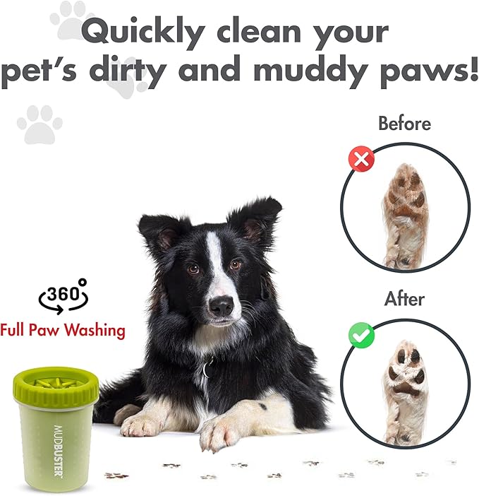Dexas MudBuster Medium Dog Paw Cleaner in Green - Fits 1.5"-2.5" Wide Paws, Portable Paw Washer for Muddy Paws, Dog Paw Cleaning Cup with Gentle Silicone Bristles, Quick Clean Pet Paw Washer