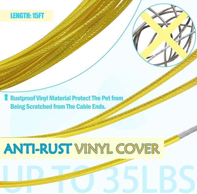 Petest Reflective Tie Out Cable with Crimp Cover for Small Dogs Up to 35 Pounds, 15 Feet