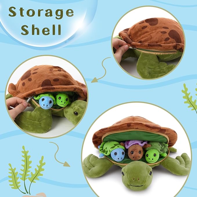 Muiteiur 4 Pcs Sea Turtle Stuffed Animals with Babies Inside, Soft 12.6 Inch Turtle Plush Toy with 3 Baby Turtles, Cute Ocean Stuffed Animals Gifts for Kids Boys Girls