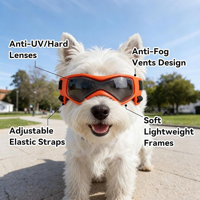 Dog Goggles Dog Sunglasses for Medium Breed UV Protection Windproof with Adjustable Head Straps Chin Straps for Ride Car/Hiking Travel/On Beach-Orange
