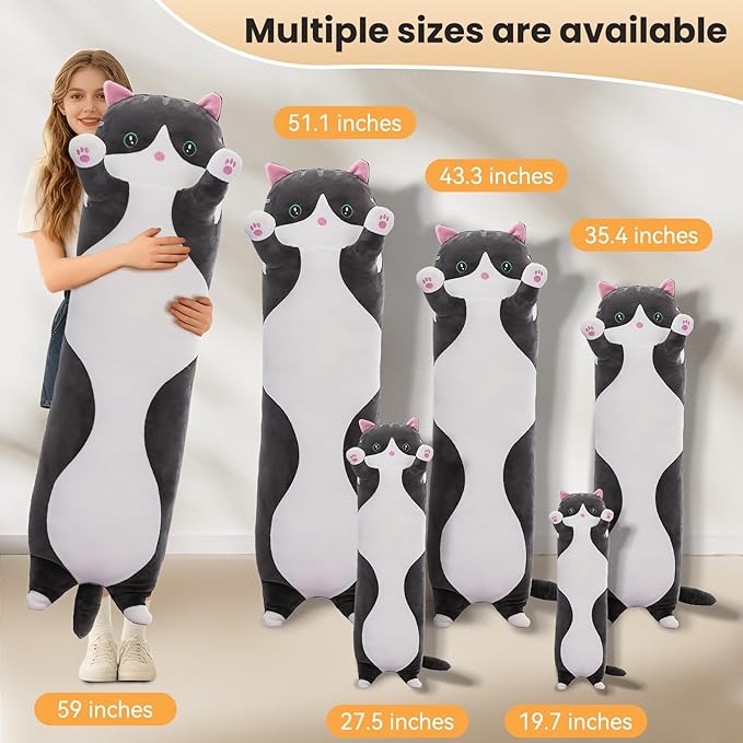 Cute Cat Plush Long Body Pillow – Soft Cartoon Stuffed Animal Doll, Kawaii Cat Plushie Cuddle Toy for Kids, Girls & Girlfriend (Black, 51.1 Inch)