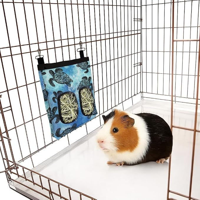 WIRESTER Oxford Hanging Guinea Pig Hay Feeder 11x9 Inch, Rabbit Hay Feeding Storage Bag for Bunny Chinchilla Hamster with Back Hooks, 2 Holes - Ocean Sea Turtles