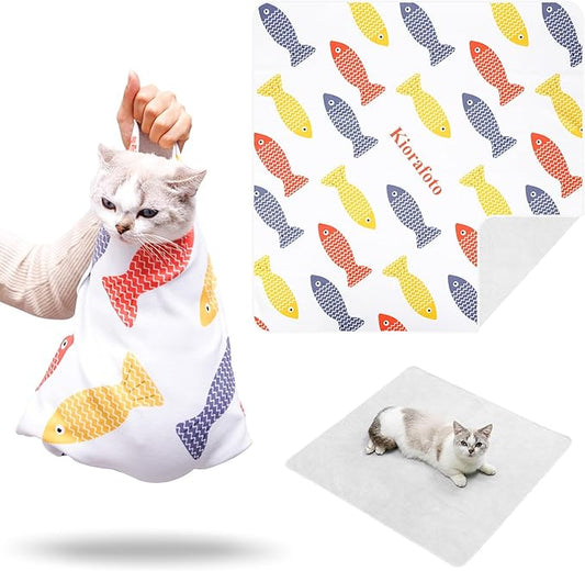 Kiorafoto 27.5" Large Cat Grooming Wrap，Self Adherent Fabric Cat Swaddle Burrito Wrap for Adult Cat & Small Dog, Anti-Scratch Cat Wrap Blanket for Medicine,Nail Trimming,Ear Cleaning,Teeth Brushing