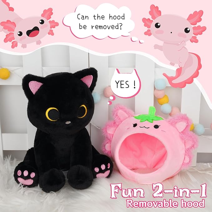 Axolotl Plush Toy, 8inch Kawaii Black Cat Wear Strawberry Plush Removable Hood, Cute Plushies Soft Stuffed Animal Doll, Valentine's Day Birthday Gift for Kids Boys Girls Adults