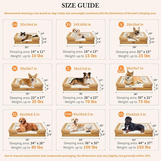 Comfort Expression Orthopedic Dog Bed for Extra Large Dogs with Bolster | Waterproof Dog Couch Bed with Washable Cover & Non-Slip Bottom, Supportive Egg Crate Foam Big Dog Bed, 53x42Inch