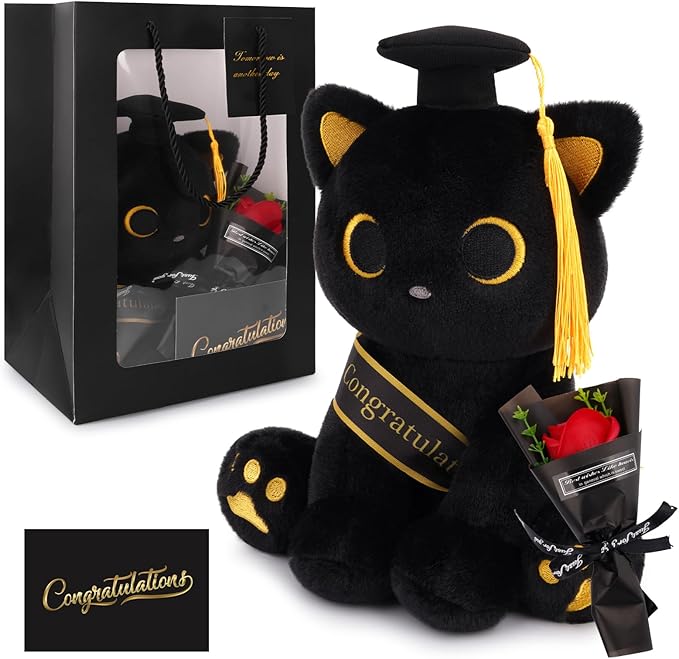 2026 Graduation Gift Set - Black Cat Plush with Soap Rose Bouquet & Card, Class of 2026 Stuffed Animal for Her, Him & Kids, High School College Graduate