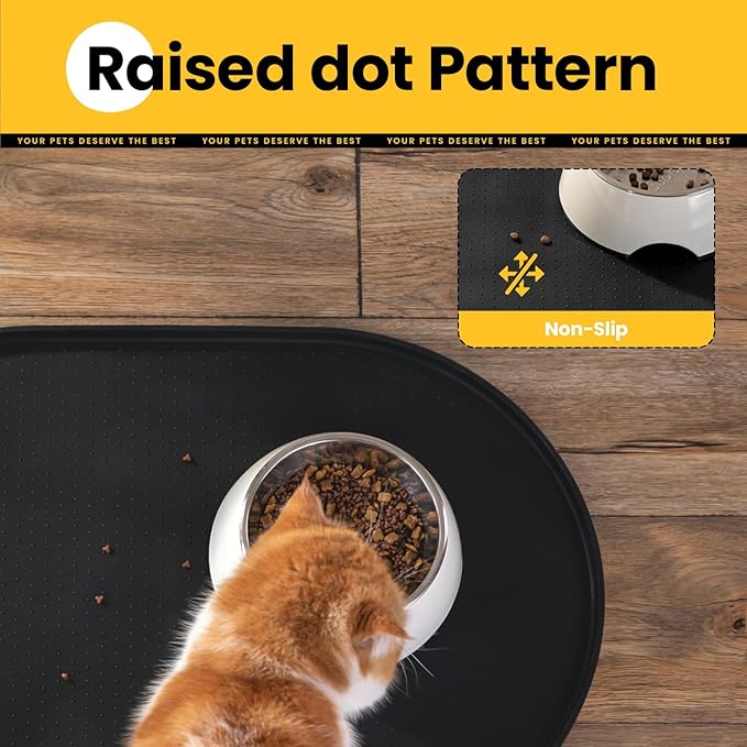 Conlun Dog Food Mat,1/2 Inch Raised Edges Cat Feeding Mat for Spill Containment,BPA-Free Silicone Pet Food Mats for Floor Waterproof,Rubber Dog Placemats for Food and Water Bowls(Black,19"x12")