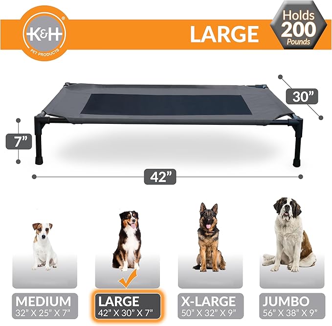 K&H Outdoor Elevated Dog Bed - Cooling Raised Dog Bed for Medium & Large Pets, Breathable Mesh Center Hammock Design, Indoor/Outdoor Washable Cover, Portable Metal Frame, Charcoal, Large 42x30in