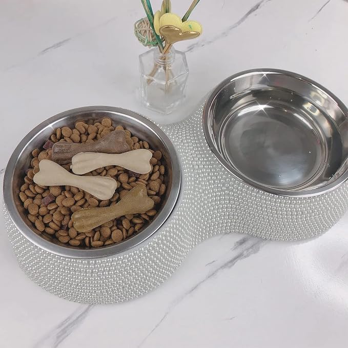 SAVORI Small Cat Bowls Pink, 320ML Handmade Bling Rhinestones Stainless Steel Pet Bowls Removable Double Food Water Feeder for Puppy Cats Dogs