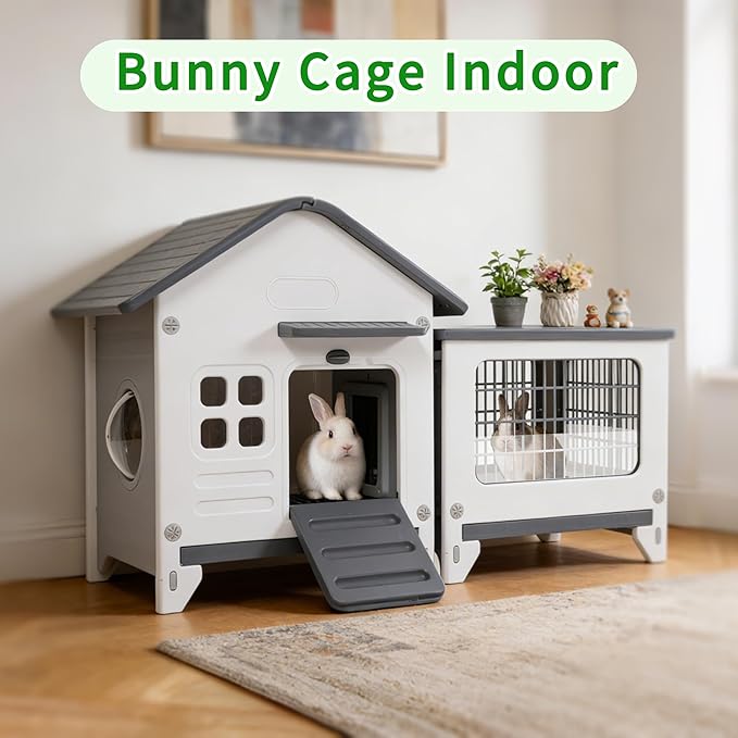 Rockever Plastic Rabbit Cage Outdoor Indoor, Waterproof Rabbit Hutch-Leak-Proof Pull-Out Tray&Chew-Proof, Bunny Cage Guinea Pig Cages with Run, Easy-Clean & Ideal for Small Animal(Grey)