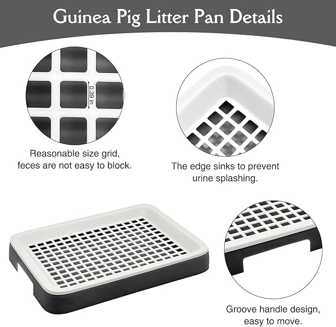 Fhiny Guinea Pig Litter Box, Small Pet Potty Training Chinchilla Bedding Litter Pan with Disposable Cage Liners & Cleaning Broom Cage Accessories for Young Guinea Pig Chinchilla (Black)