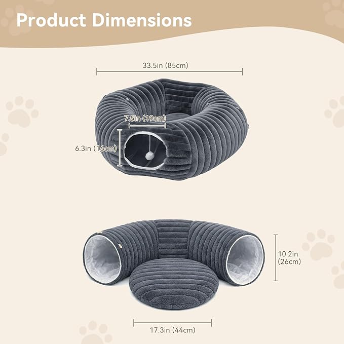 Cat Tunnel Bed, Peekaboo Hideaway Cave for Indoor Cats, Machine Washable Kitten Bed, Cat Donut, Dachshund Tunnel Bed for Small Dogs, Upgraded Striped Hare Feel Fabric (Deep Grey)