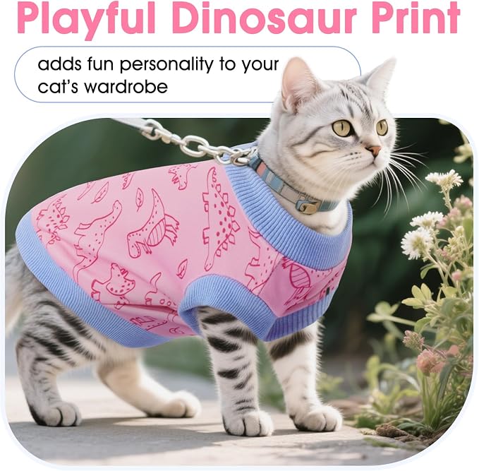 DENTRUN Sleeveless Cat Vest, Dinosaur Print & Ultra-Soft Dralon Fleece | Breathable, ultra-soft Dralon fleece, dinosaur print, sleeveless for freedom, all-season indoor/outdoor wear, XS-XXL sizes