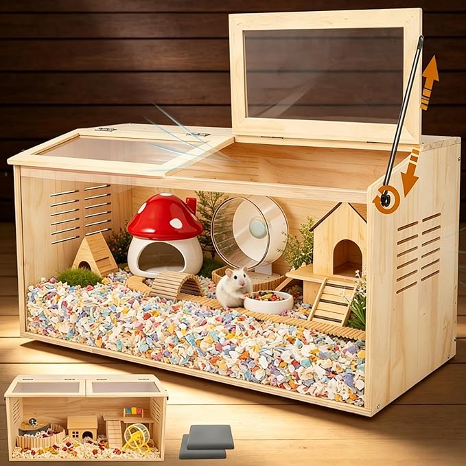 Wooden Hamster Cage,32" Lx16 Wx16 H,2 Washable Liner, Animal Cabinet for Dwarf Syrian Hamsters Degus, Hamster Habitat with Openable Top and Large Acrylic Sheets, Natural Wooden Hamster Habitat