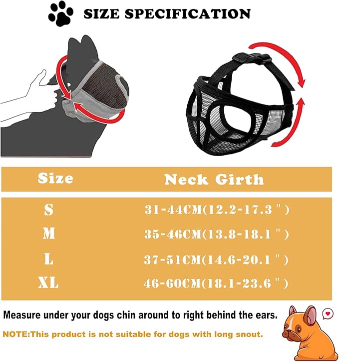 OHCOZZY Short Snout Dog Muzzle, Won’t Cover Forehead Bulldog Muzzle Adjustable Breathe Mesh, Anti Bitting Chewing Barking（S,Black）