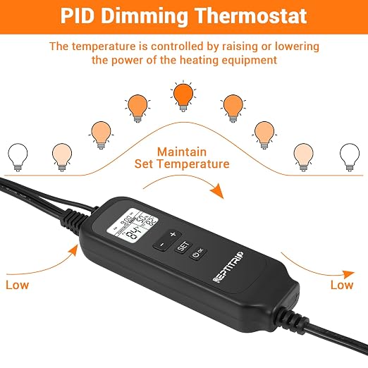 Reptile Dimming Thermostat, Adjustable Day and Night Temperature, Thermostat for Reptile Heat Lamp Heat Pad, PID Temperature Controller, Memory Function, ℉/℃ (Model: PT02A)