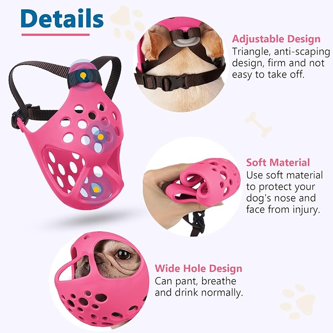 BARKLESS French Bulldog Muzzle, Soft Silicone Short Snout Dog Muzzle for English Bulldog, Brachycephalic Dog Mouth Guard to Prevent Biting, Ideal for Grooming, Allows Panting (Hot Pink, XL)