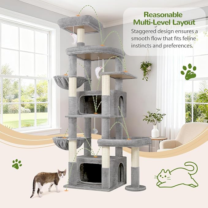 Globlazer 75in Sturdy Cat Tree for Large Cats, Heavy Duty Multi-Level Cat Tower for Indoor Cats with Extended Platform, 2 Spacious Condos, 2 Padded Perches, 6 Sisal Scratching Posts, S75, Light Grey