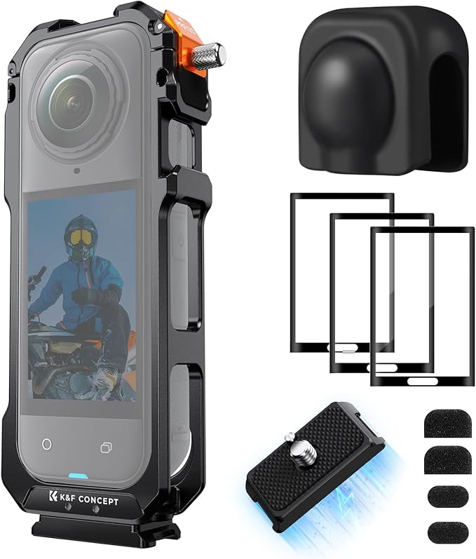 K&F Concept Camera Cage Compatible with Insta360 X5, Aluminum Alloy Protective Frame Case with Silicone Lens Cover + Screen Protector |1/4" Screw Hole | 2 Cold Shoe Mounts for Microphone, LED Light
