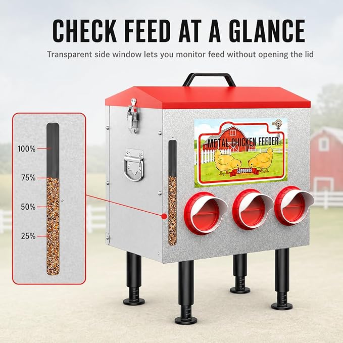 50LBS Metal Chicken Feeder Dispenser with Lid, Adjustable Legs, 8 Feeding Ports, No-Waste & Rodent-Proof Design, Visual Feed Level Indicator, Durable Outdoor Poultry Feeder for Chickens, and Geese