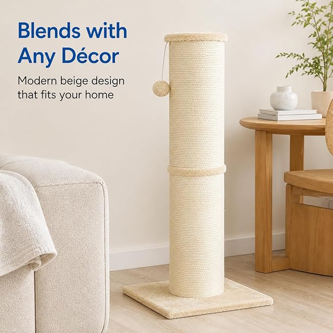 Sisal Cat Scratching Post for Indoor Cats & Kittens, 5.5" Diameter Heavy Duty Vertical Scratcher, 32 Inch Extra Tall Furniture Protector with Stable Base, Beige