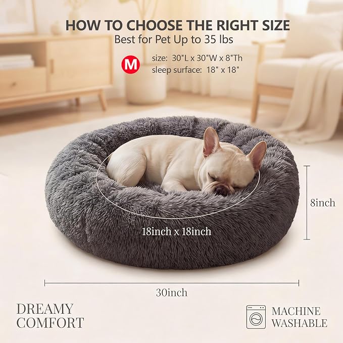 Calming Donut Dogs Beds for Medium Dogs up to 45 lb,30inch Anti-Slip Plush Round Dog Bed with Raised Rim,Fluffy Faux Fur Pet Bed for Cozy Sleep,Dark Grey