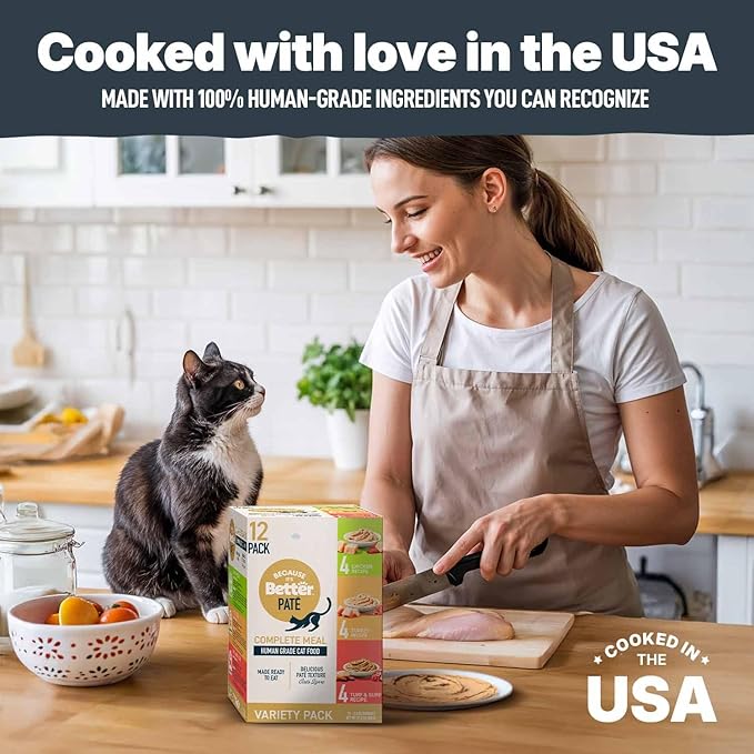 Because It’s Better Pate Complete Meal - Wet Cat Food - Variety Pack - Ocean, Turkey & Chicken Flavors - Organic, Balanced, Smooth Pate Texture, Human-Grade Ingredients, 2.6 oz Pouches (12 Count)