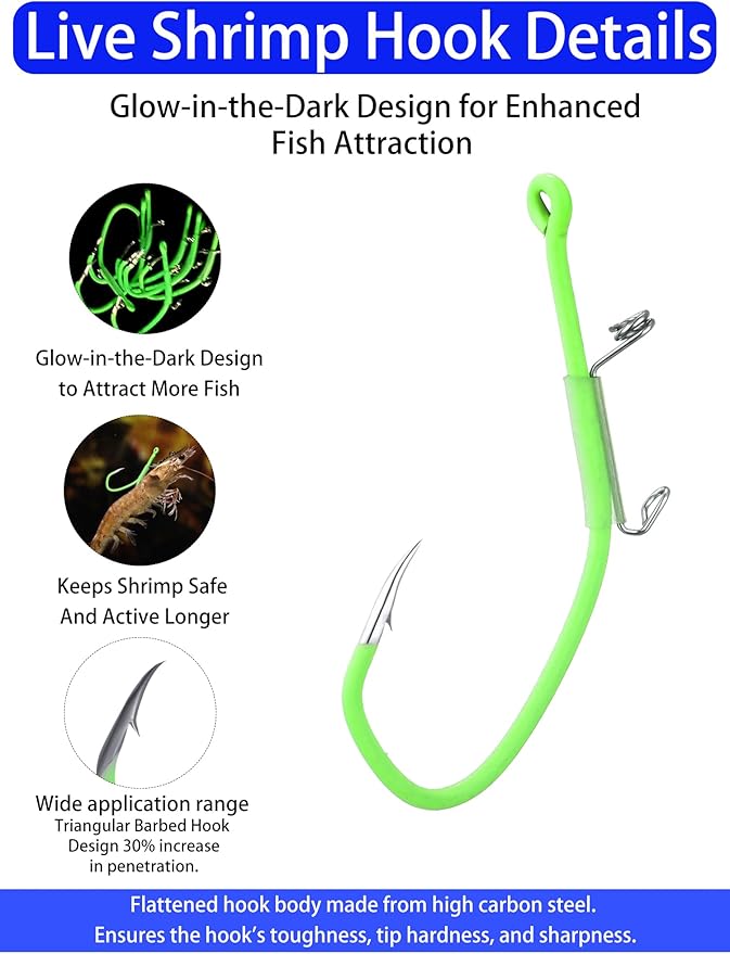 Luminous Shrimp Hooks 10/40 Packs Saltwater Fishing Hooks - Premium Carbon Steel Barbed Corrosion Resistant for Big Game Fish