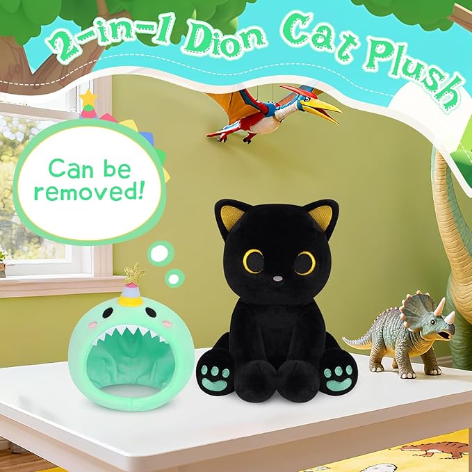 Dinosaur Plush, 8inches Black Cat Plush with Green Dino Plushie Hood Removable, Cute Plushies Shiny Dinosaur Stuffed Animal Doll Toy Birthday Gifts for Kids Boys Girls