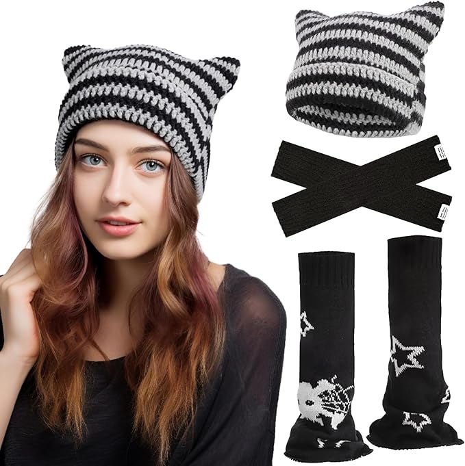 Y2k Leg Warmers for Women, Star Skull Leg Cover Kawaii Arm Warmers Beanie Cat Crochet Knitted Hats, Y2K Striped Alt Emo Dance Accessories